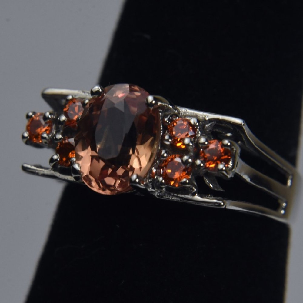 Synthetic Padparadscha Sapphire and Fire Opal Sterling Silver Ring - Size 6.25